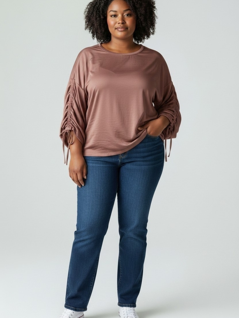 Express Ruched Sleeve Crewneck Top in Dusty Rose